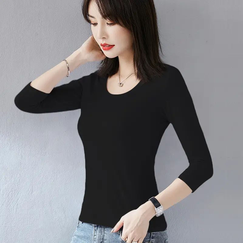Women Black Round Neck V Neck T-Shirt Slimming Look - Image 11