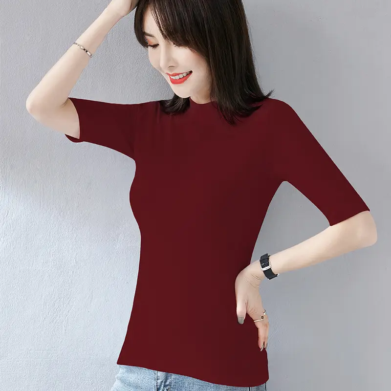 Women Black Round Neck V Neck T-Shirt Slimming Look - Image 3
