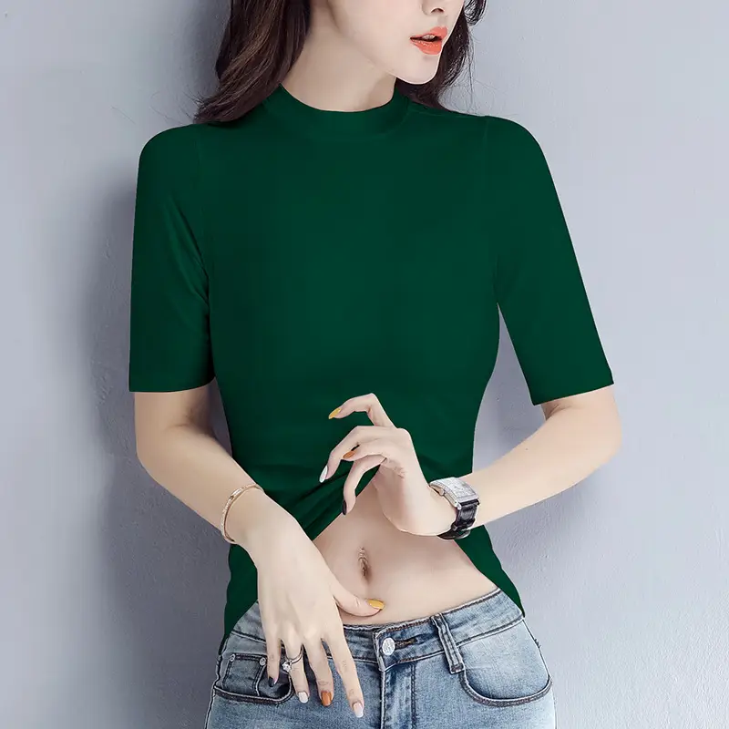 Women Black Round Neck V Neck T-Shirt Slimming Look - Image 4