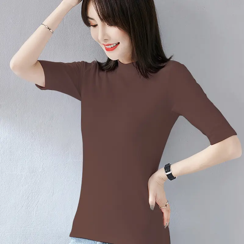 Women Black Round Neck V Neck T-Shirt Slimming Look - Image 5