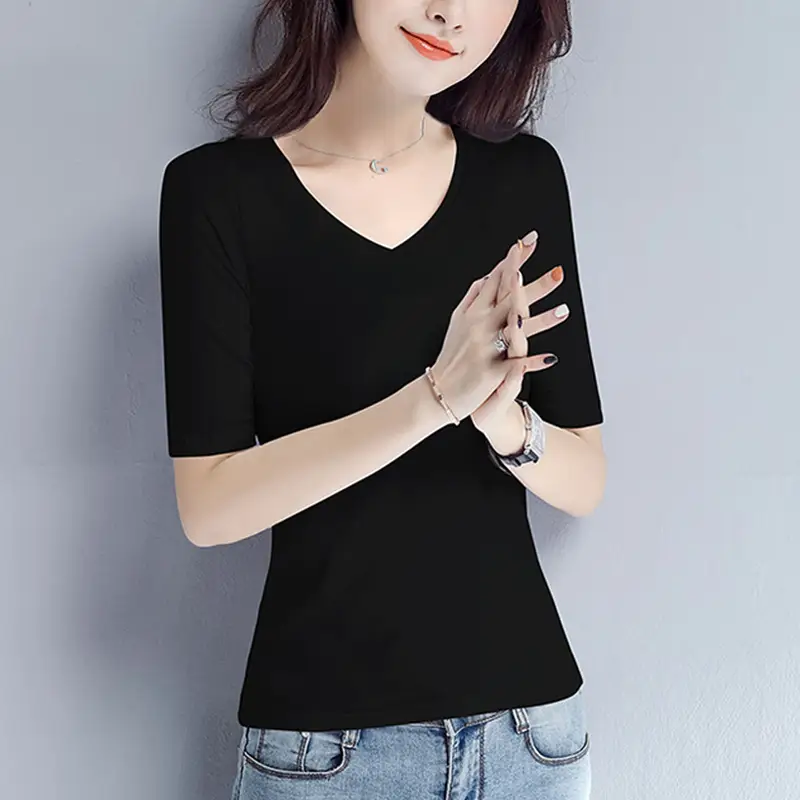 Women Black Round Neck V Neck T-Shirt Slimming Look - Image 7