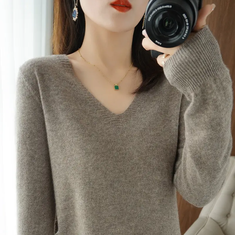 Women V-neck Knitted Sweater Brown 2021 Winter - Image 18
