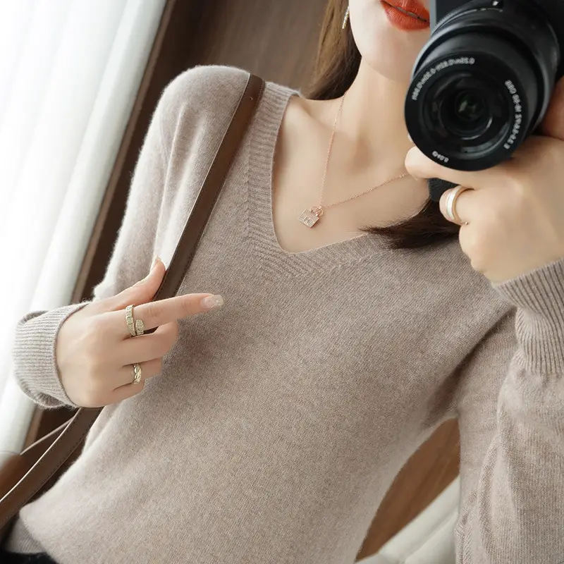 Women V-neck Knitted Sweater Brown 2021 Winter - Image 20