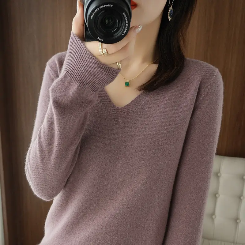 Women V-neck Knitted Sweater Brown 2021 Winter - Image 10