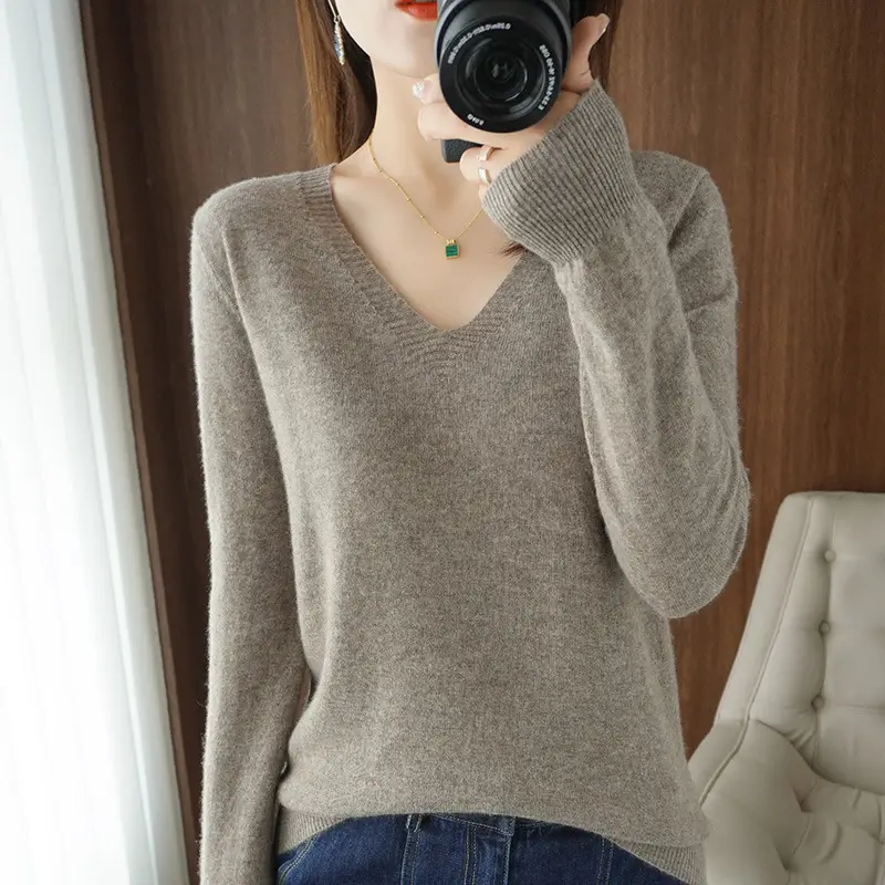 Women V-neck Knitted Sweater Brown 2021 Winter - Image 12