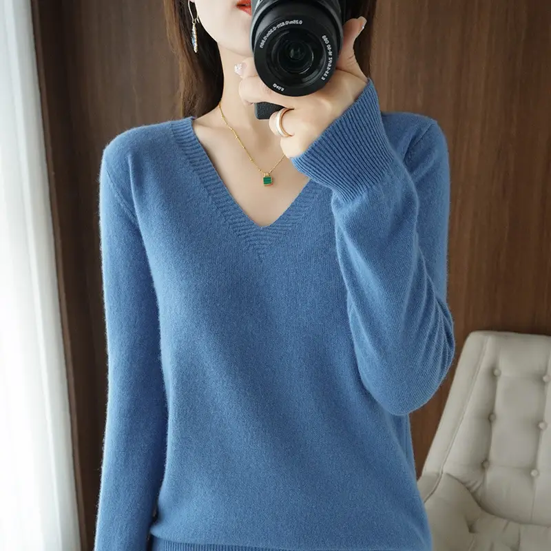 Women V-neck Knitted Sweater Brown 2021 Winter - Image 13