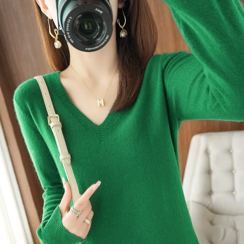 Women V-neck Knitted Sweater Brown 2021 Winter - Image 15