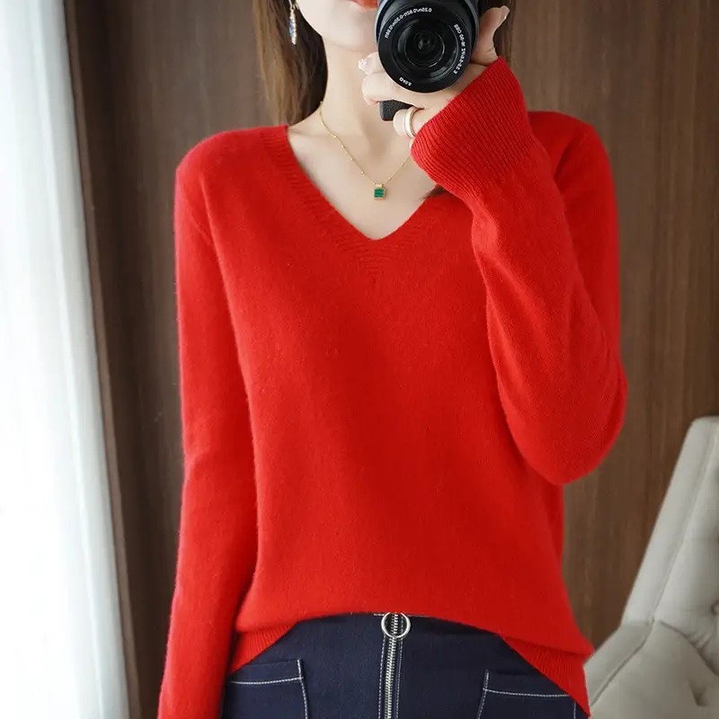 Women V-neck Knitted Sweater Brown 2021 Winter - Image 3