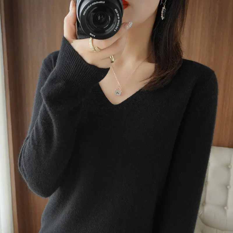 Women V-neck Knitted Sweater Brown 2021 Winter - Image 4