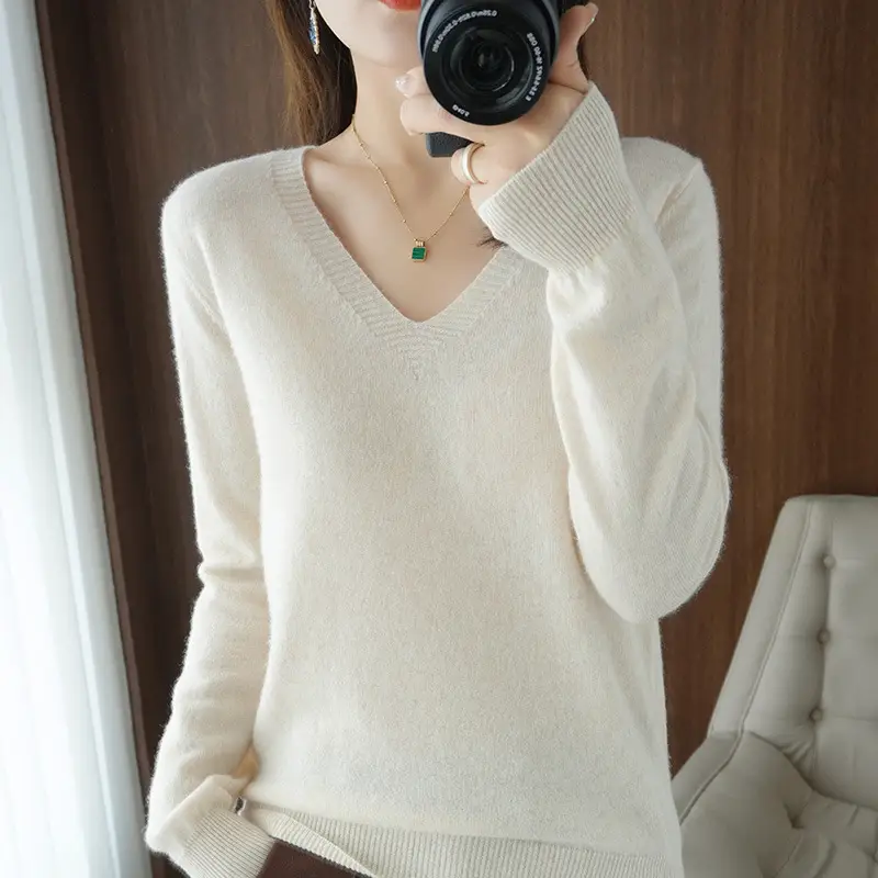 Women V-neck Knitted Sweater Brown 2021 Winter - Image 8
