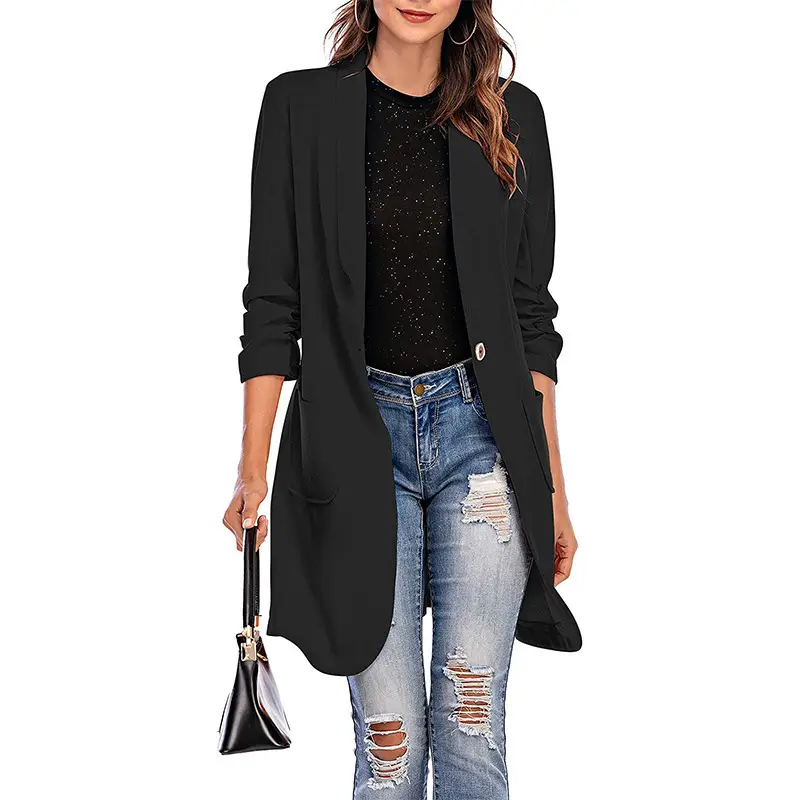 2025 Women's Black Long Coat Blazer with 3Q Sleeve - Image 3