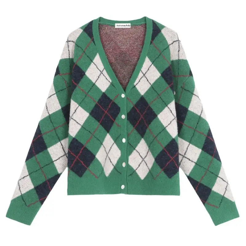 Green Diamond Knit V Neck Top for Women