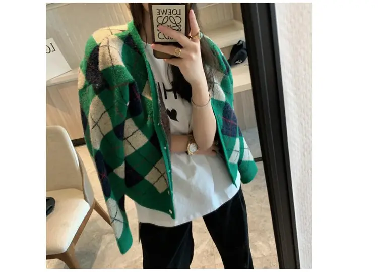 Green Diamond Knit V Neck Top for Women — feature 36