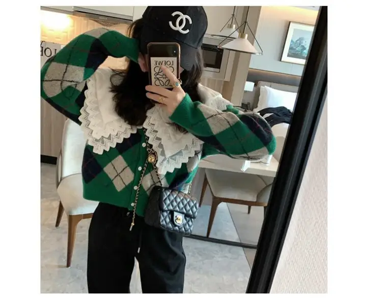 Green Diamond Knit V Neck Top for Women — feature 39