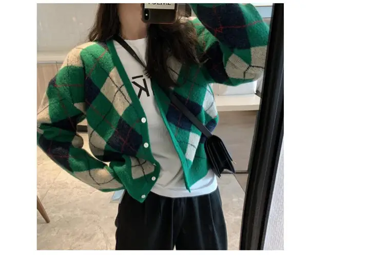Green Diamond Knit V Neck Top for Women — feature 40