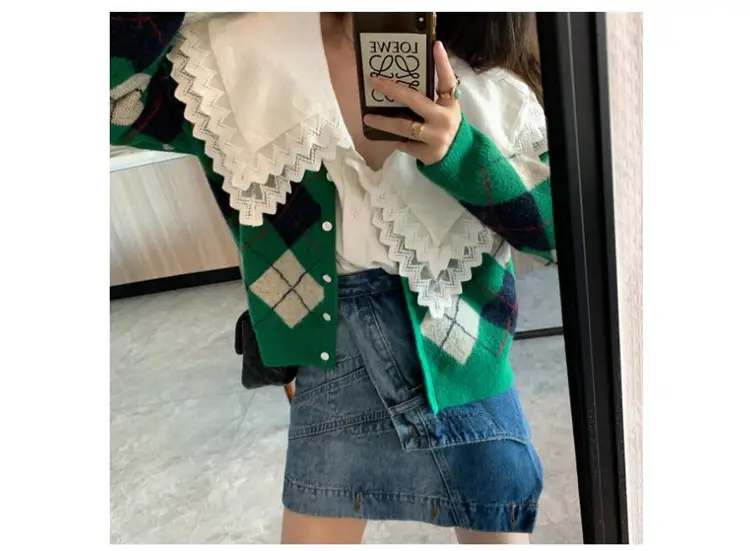 Green Diamond Knit V Neck Top for Women — feature 41