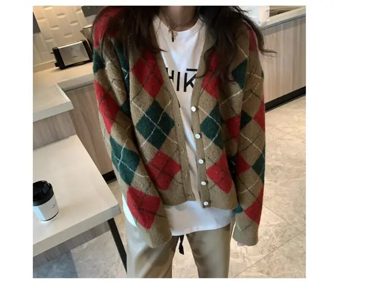 Green Diamond Knit V Neck Top for Women — feature 43
