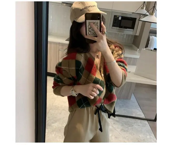 Green Diamond Knit V Neck Top for Women — feature 45