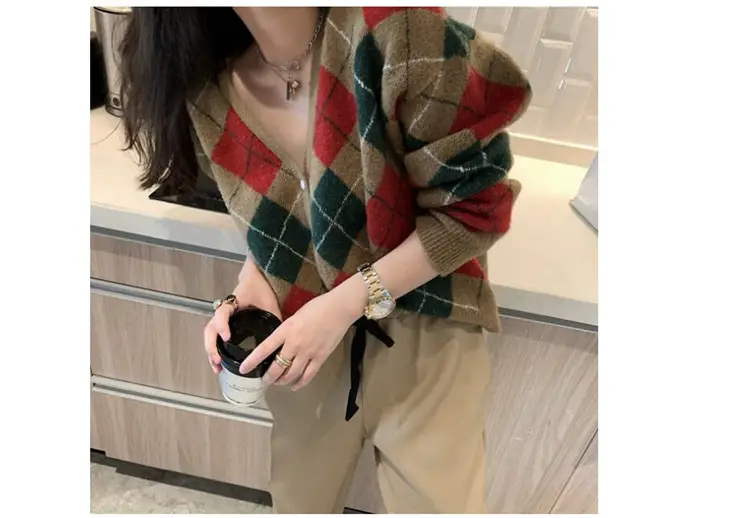 Green Diamond Knit V Neck Top for Women — feature 49