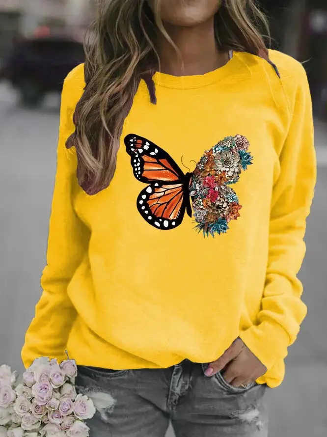 Women Black Butterfly Embroidered Sweatshirt Round Neck