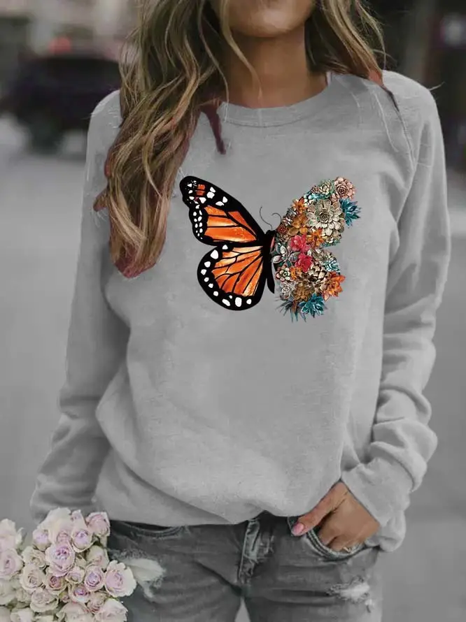 Women Black Butterfly Embroidered Sweatshirt Round Neck