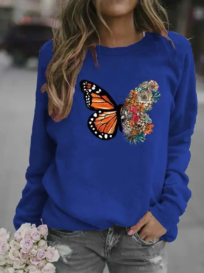 Women Black Butterfly Embroidered Sweatshirt Round Neck