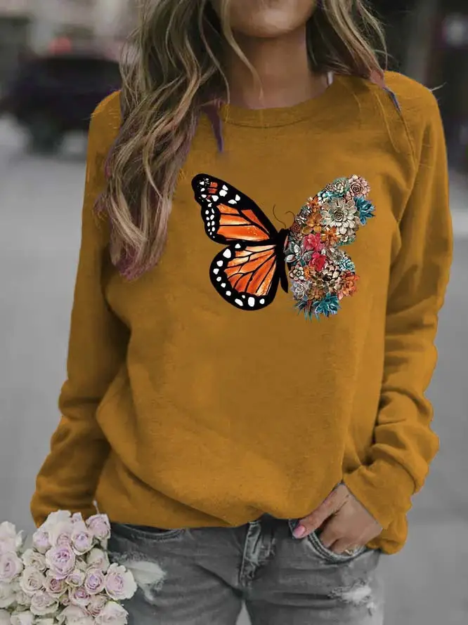 Women Black Butterfly Embroidered Sweatshirt Round Neck