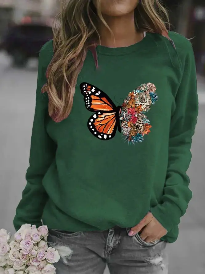 Women Black Butterfly Embroidered Sweatshirt Round Neck