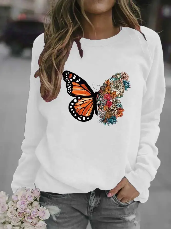 Women Black Butterfly Embroidered Sweatshirt Round Neck