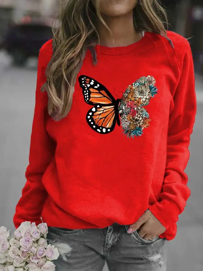Women Black Butterfly Embroidered Sweatshirt Round Neck