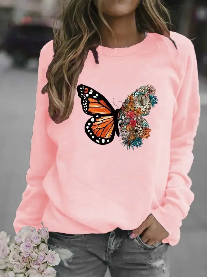 Women Black Butterfly Embroidered Sweatshirt Round Neck