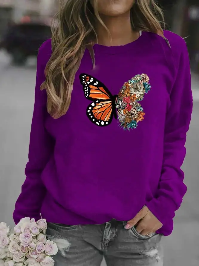 Women Black Butterfly Embroidered Sweatshirt Round Neck