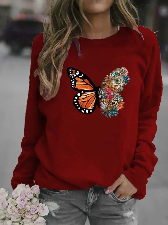 Women Black Butterfly Embroidered Sweatshirt Round Neck