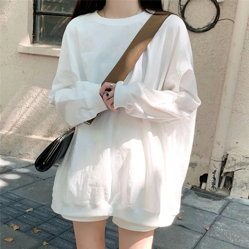 Women Korean Style Loose Sweatshirt White Long Sleeve - Image 5