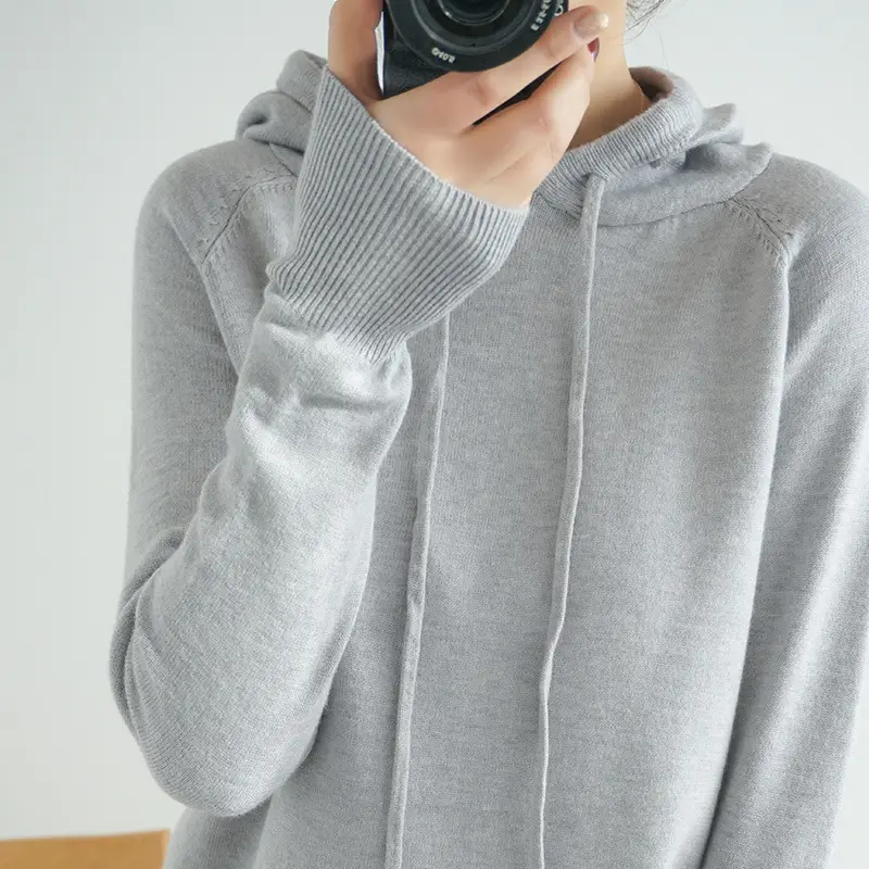 Women's Long Sleeve Hooded Knit Pullover Sweater Beige