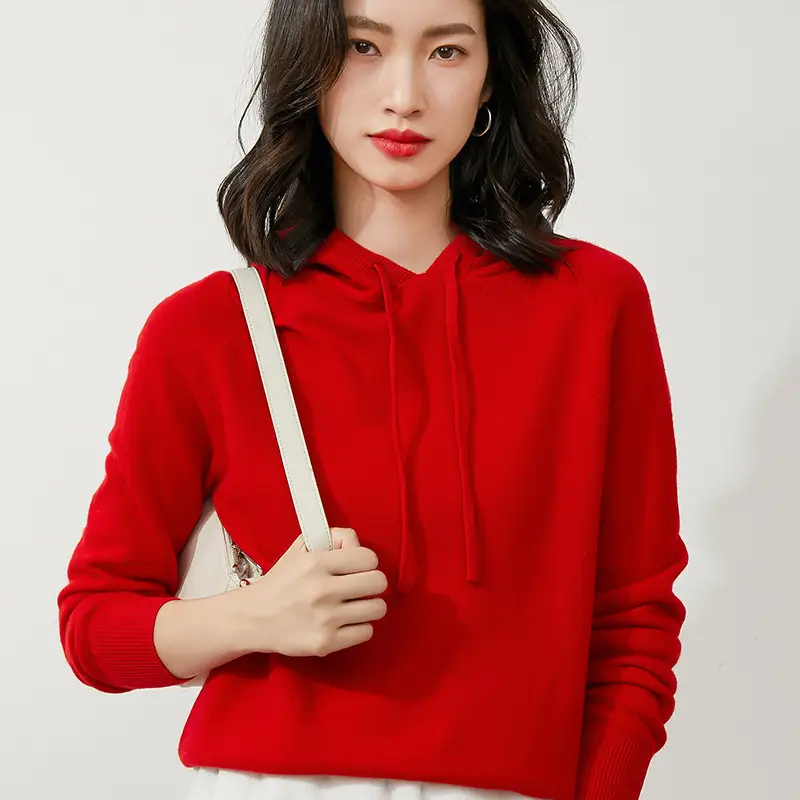Women's Long Sleeve Hooded Knit Pullover Sweater Beige
