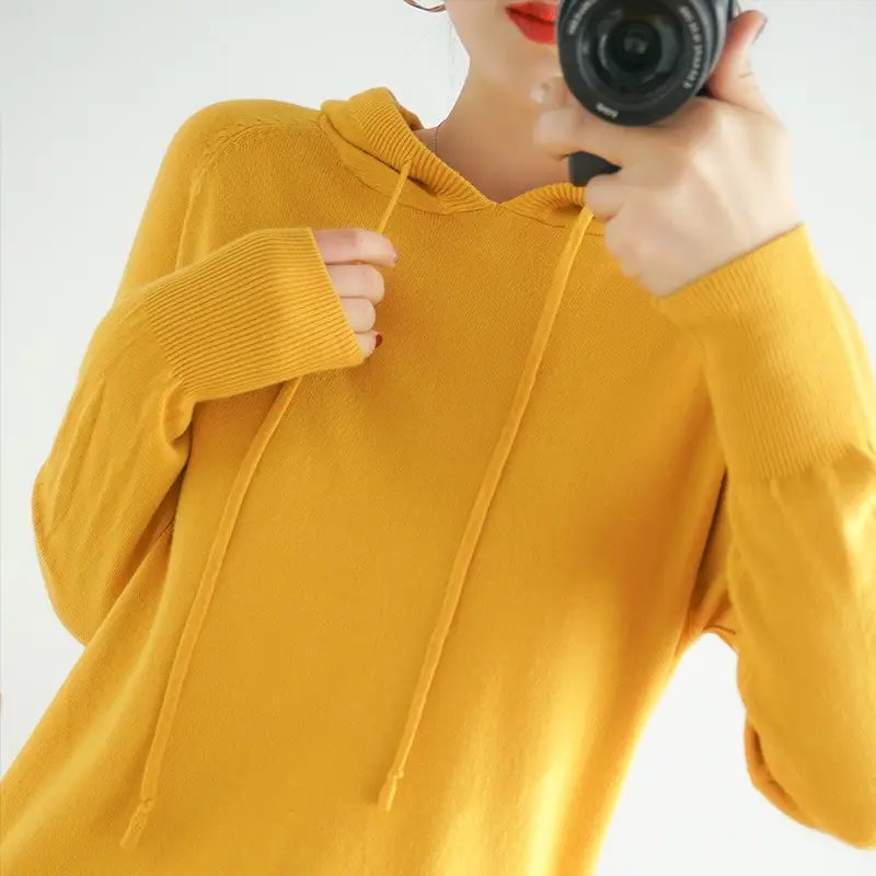 Women's Long Sleeve Hooded Knit Pullover Sweater Beige
