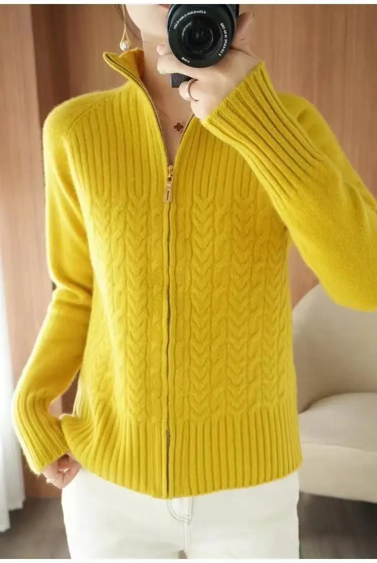 Women's Yellow Zipper Cardigan Sweater Jacket — feature 13
