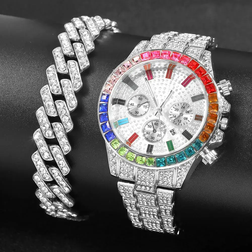Cross-Border Cuban Bracelet Watch with Colored Diamonds - Image 6