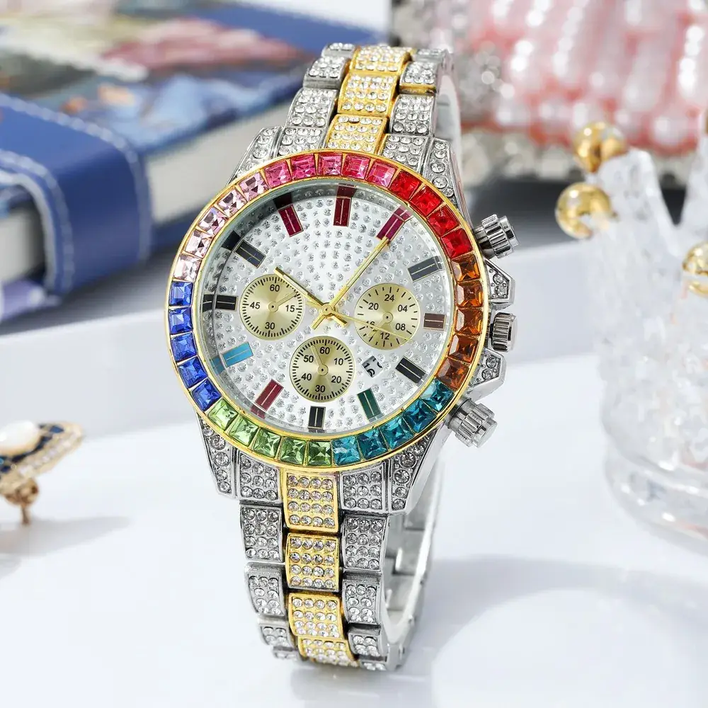 Cross-Border Cuban Bracelet Watch with Colored Diamonds - Image 9