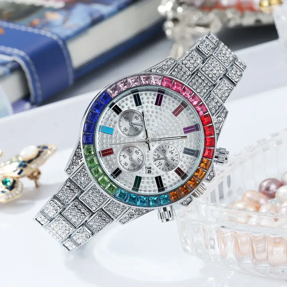Cross-Border Cuban Bracelet Watch with Colored Diamonds - Image 10