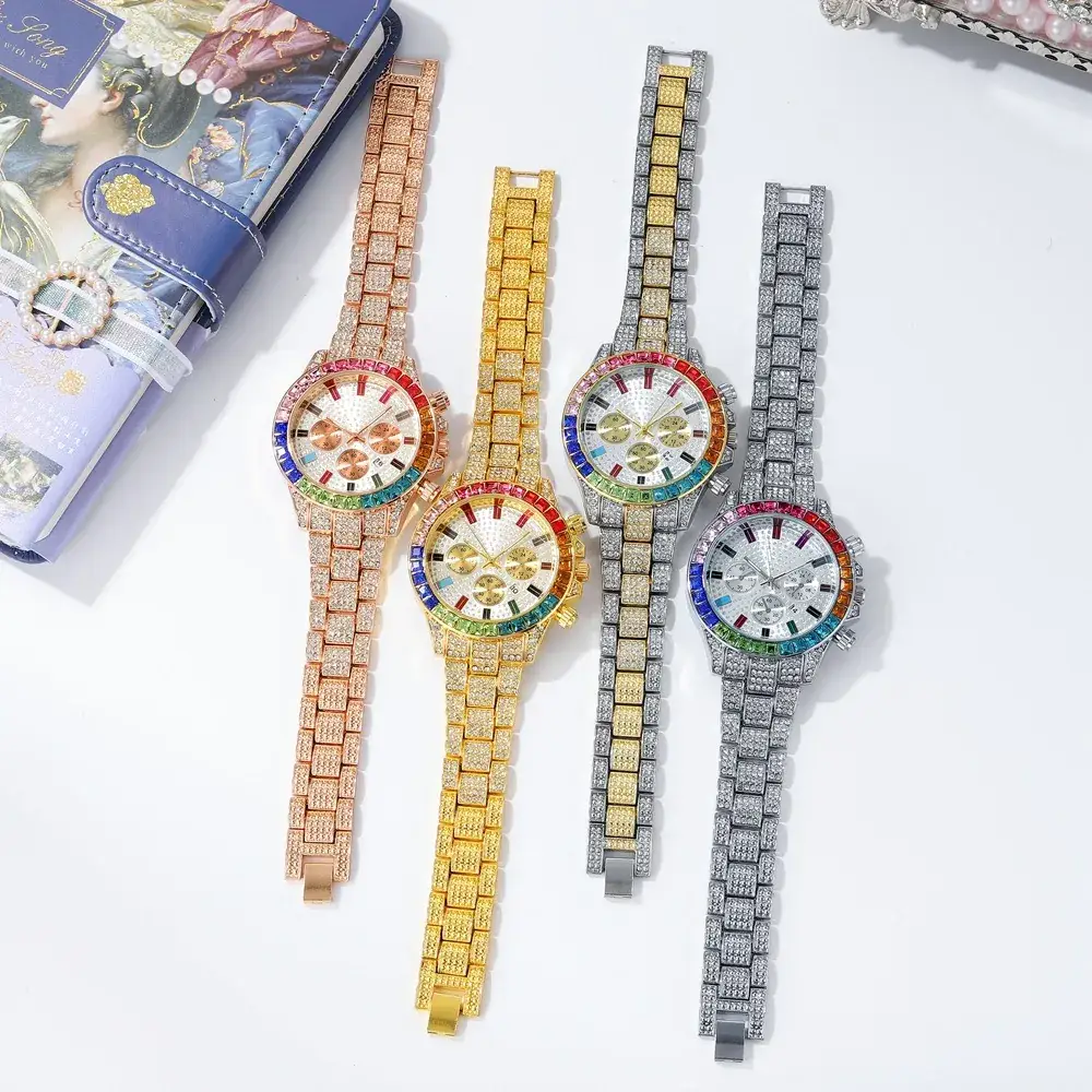 Cross-Border Cuban Bracelet Watch with Colored Diamonds - Image 11