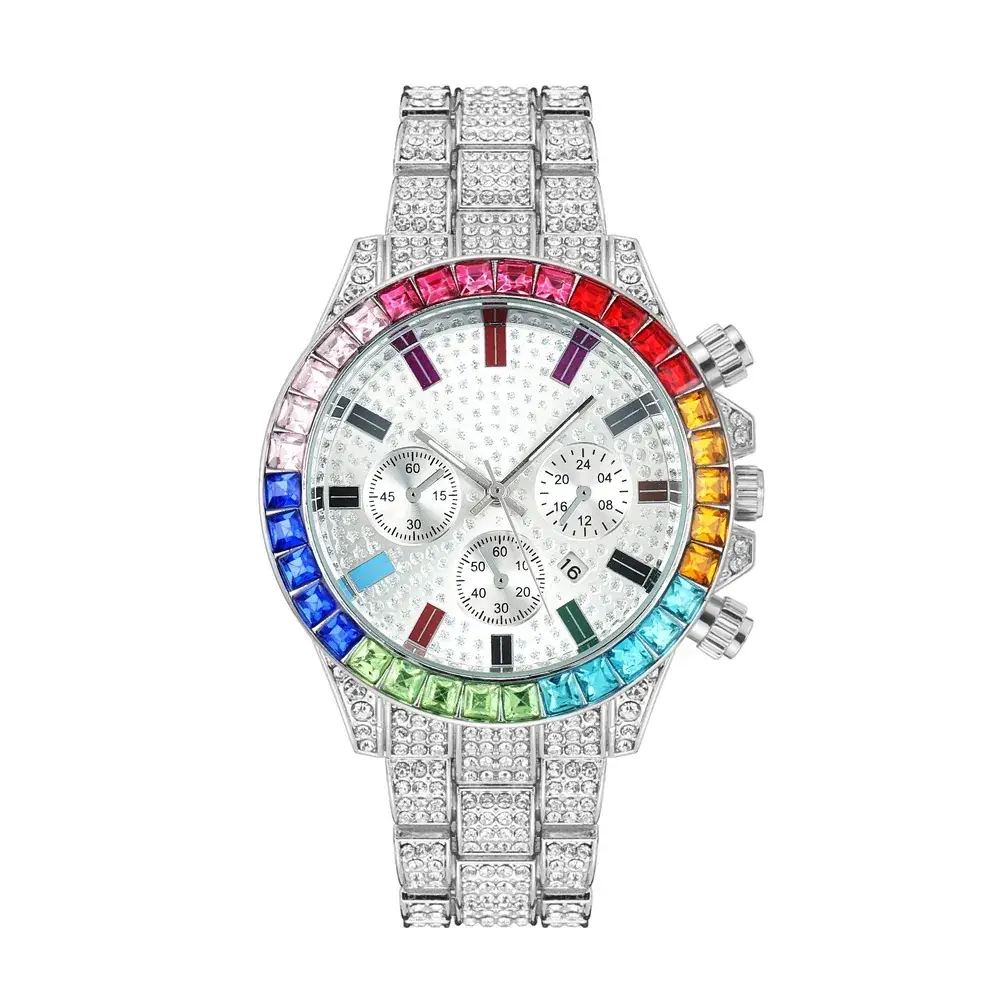 Cross-Border Cuban Bracelet Watch with Colored Diamonds - Image 2