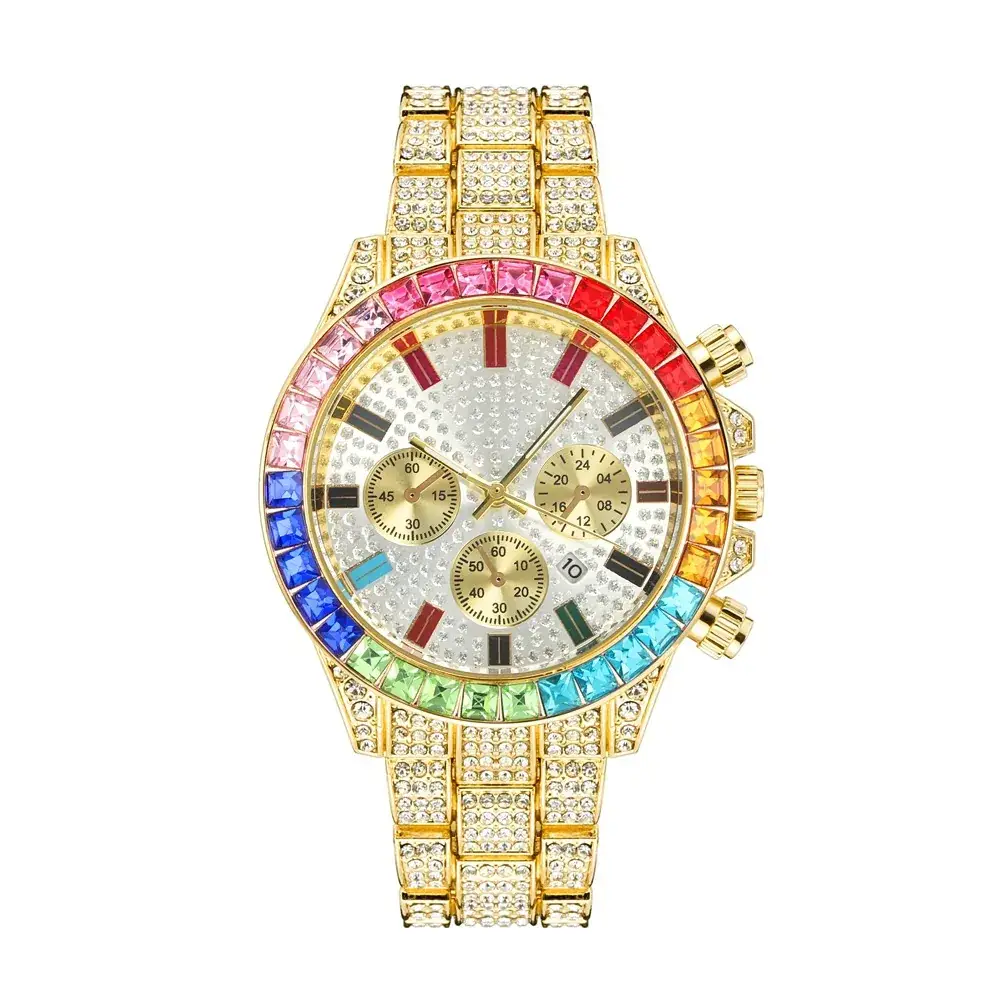 Cross-Border Cuban Bracelet Watch with Colored Diamonds - Image 3