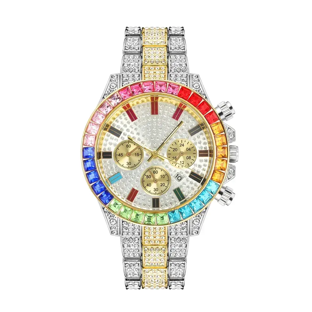 Cross-Border Cuban Bracelet Watch with Colored Diamonds - Image 4