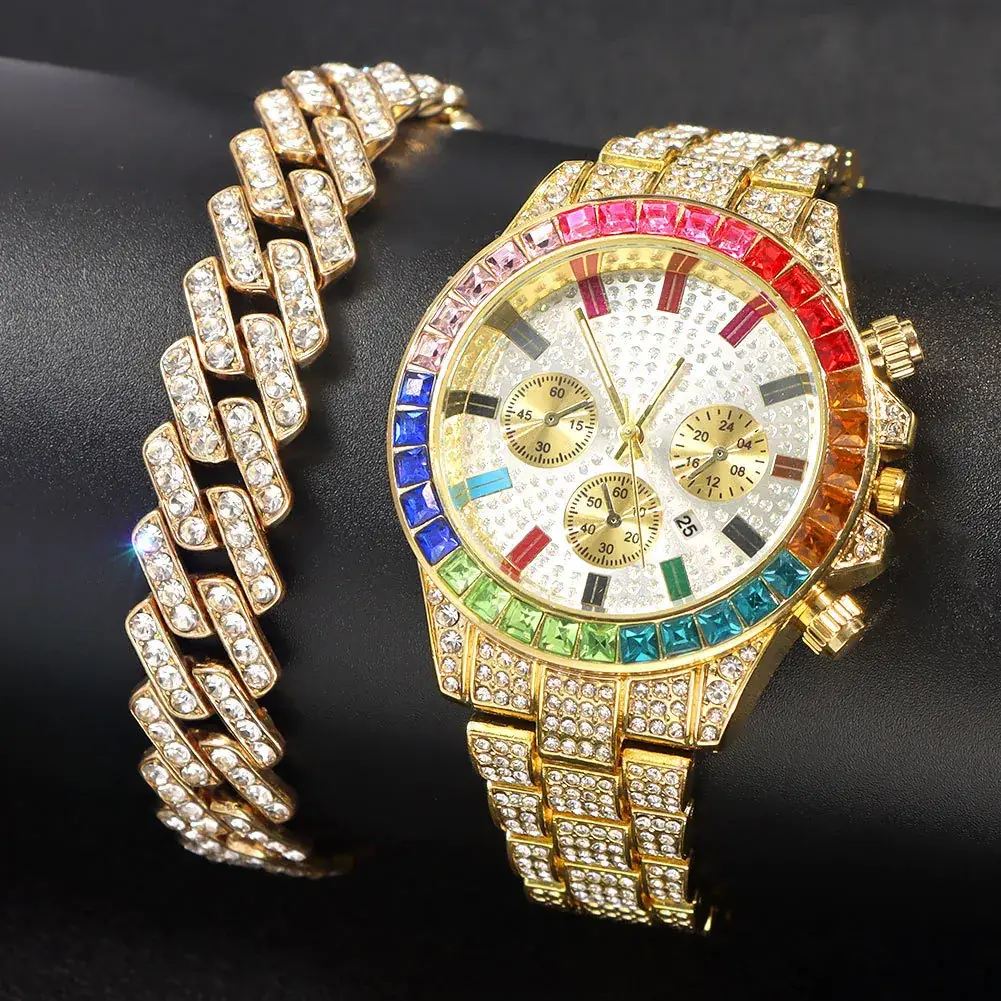 Cross-Border Cuban Bracelet Watch with Colored Diamonds - Image 5