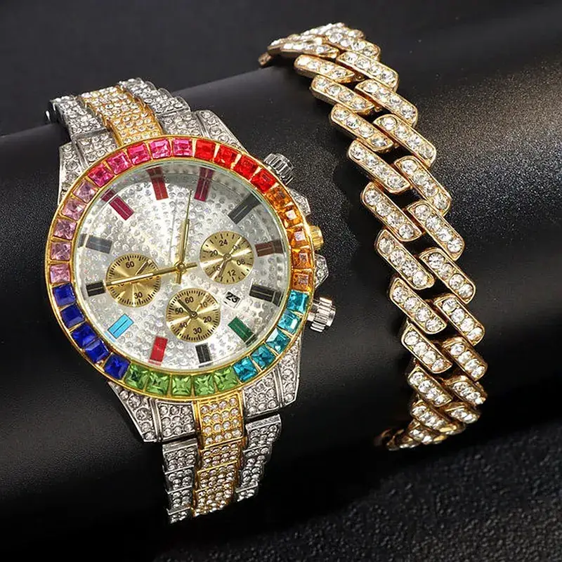 Cross-Border Cuban Bracelet Watch with Colored Diamonds - Image 7