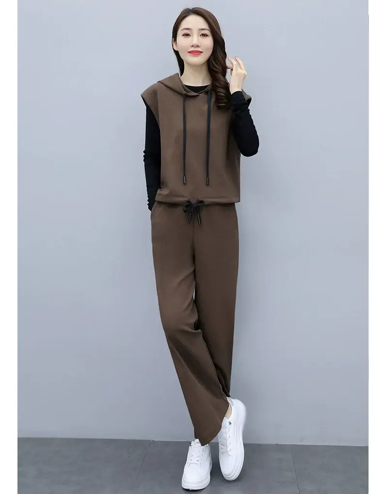 Women's 2-Piece Brown Hooded Vest & Wide Leg Pants Set — feature 11