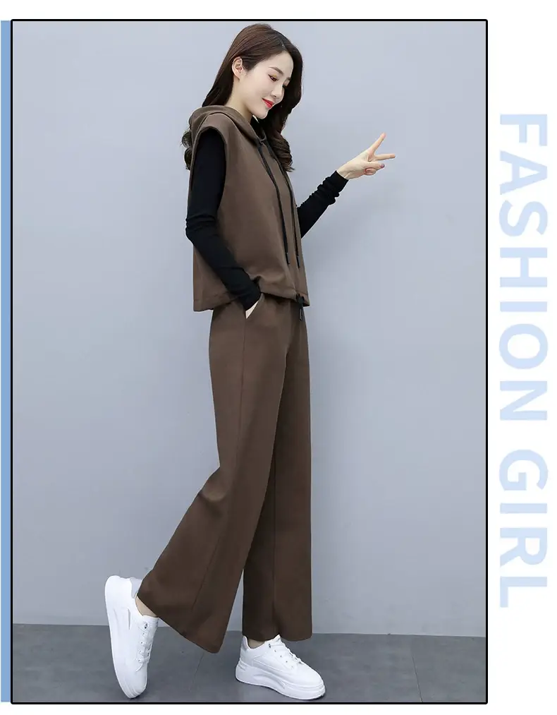 Women's 2-Piece Brown Hooded Vest & Wide Leg Pants Set — feature 12