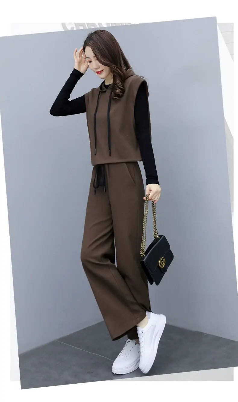 Women's 2-Piece Brown Hooded Vest & Wide Leg Pants Set — feature 13